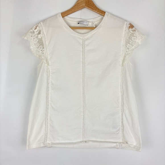 Sandro Paris White Short Sleeve Lace Cutout Blouse - Picture 1 of 6